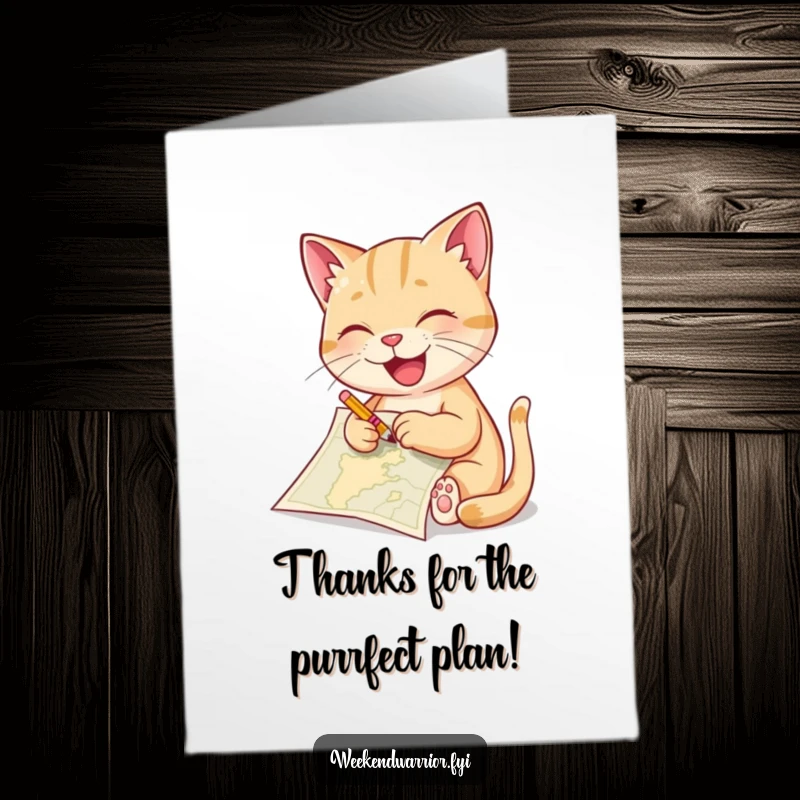 Funny Free Printable Thank You Card: A delighted cat using a tiny pencil to sketch a map, conveying thanks with artistry.