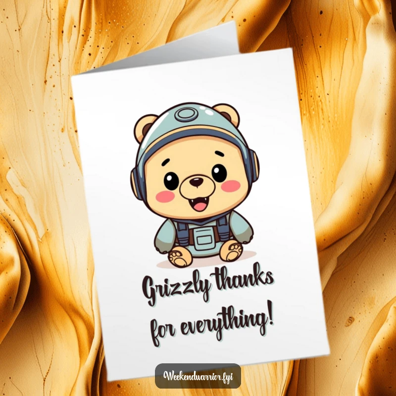 Funny Free Printable Thank You Card: A cheerful bear with a helmet is ready for anything, thanking you.