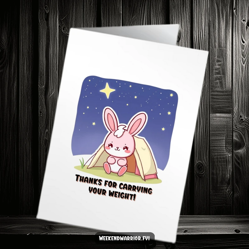 Funny Free Printable Thank You Card: Pink bunny character confidently setting up camp under stars, expressing thanks.