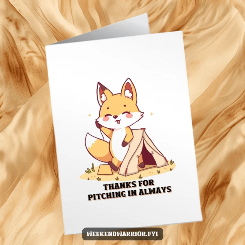 Funny Free Printable Thank You Card: A kawaii fox planting a tent with a cheerful stride, a unique way to thank someone.