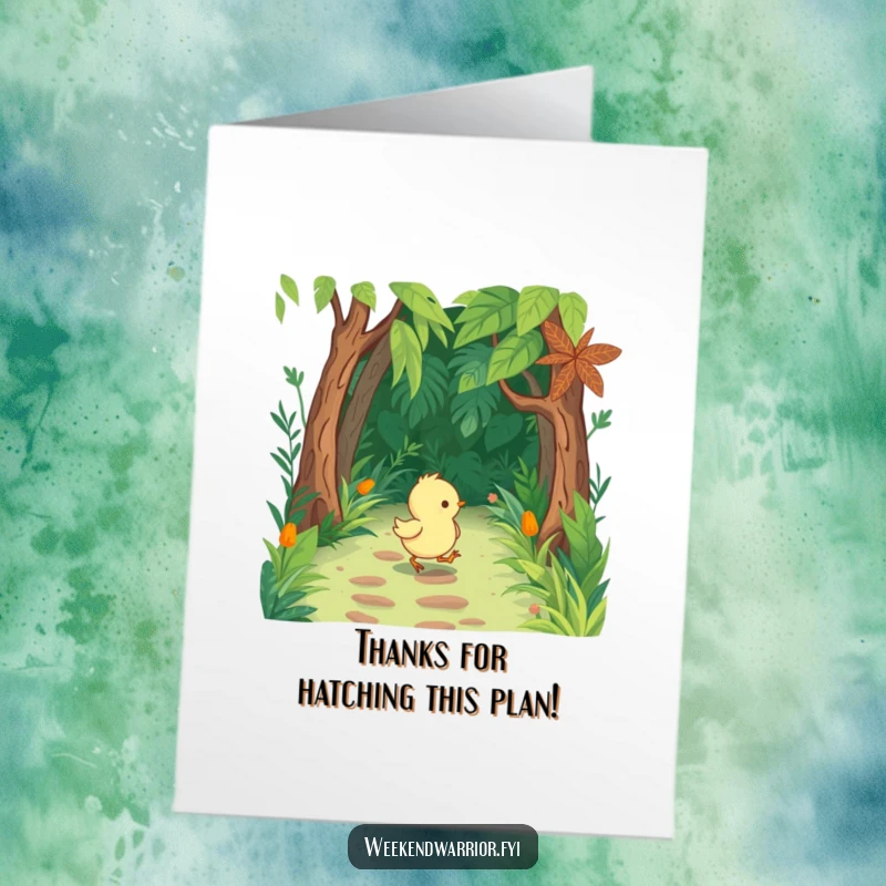 Funny Free Printable Thank You Card: Cute chick in tiny boots marches through a jungle, expressing thanks.