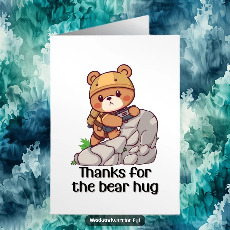 Funny Free Printable Thank You Card: A bear in camouflage gear humorously ascends a small rocky outcrop, expressing thanks.