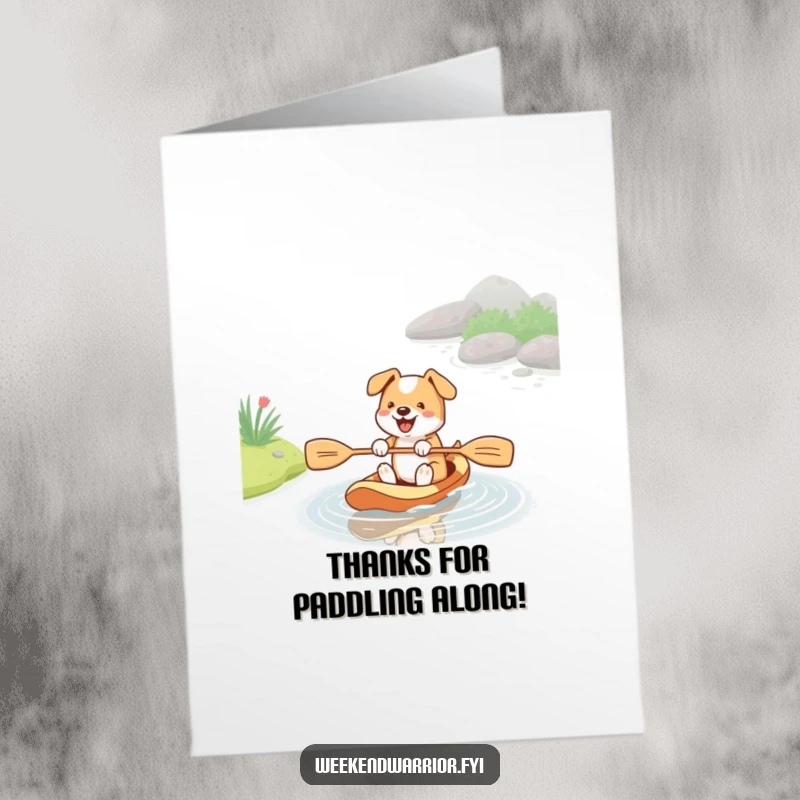 Funny Free Printable Thank You Card: A cheerful dog paddling a stream with a paddle, expressing thanks in a fun way.