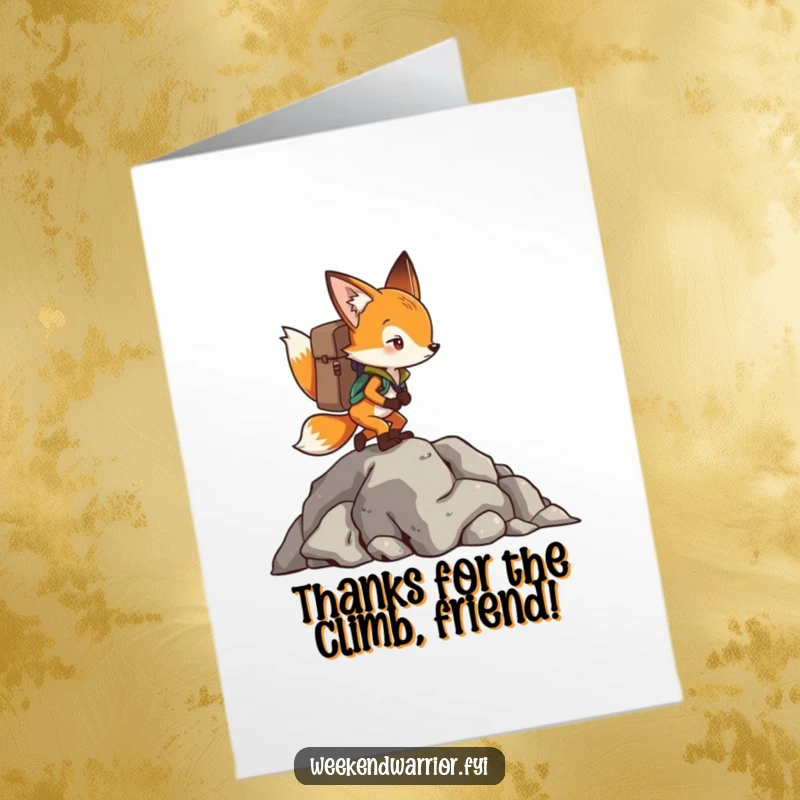 Funny Free Printable Thank You Card: Determined fox with backpack climbs a rock face, expressing heartfelt thanks.