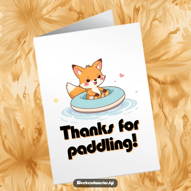 Funny Free Printable Thank You Card: A smiling fox rides an inflatable raft across a puddle, bringing a lighthearted thank you.