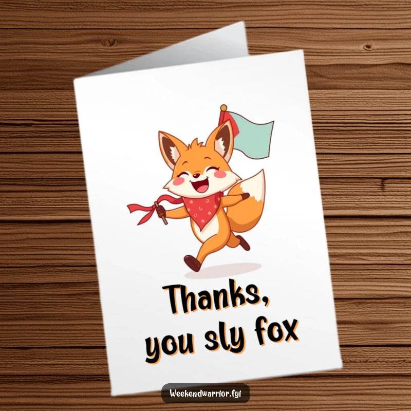 Funny Free Printable Thank You Card: A cheerful fox in a bandana runs ahead, carrying a flag to express thanks humorously.