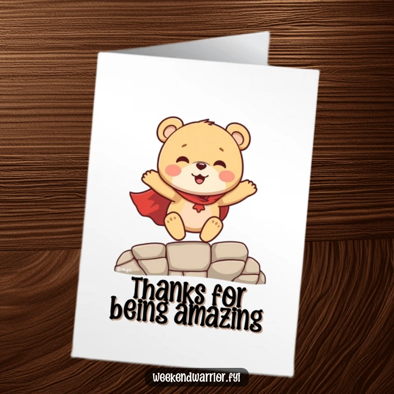 Funny Free Printable Thank You Card: a bear cub superhero leaps, a heroic way to say thanks.