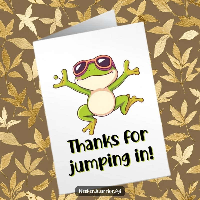 Funny Free Printable Thank You Card: A happy frog in goggles gives a thumbs-up after a perfect, celebratory jump of gratitude.
