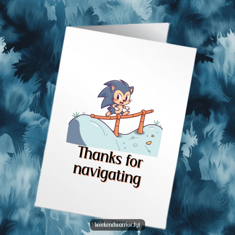 Funny Free Printable Thank You Card: Determined hedgehog character navigating an obstacle course, symbolizing perseverance.