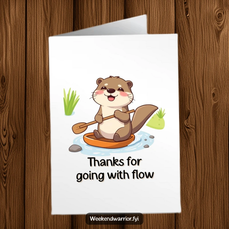Funny Free Printable Thank You Card: A joyful otter paddles enthusiastically down a tiny stream, thanking someone with cheerful energy.