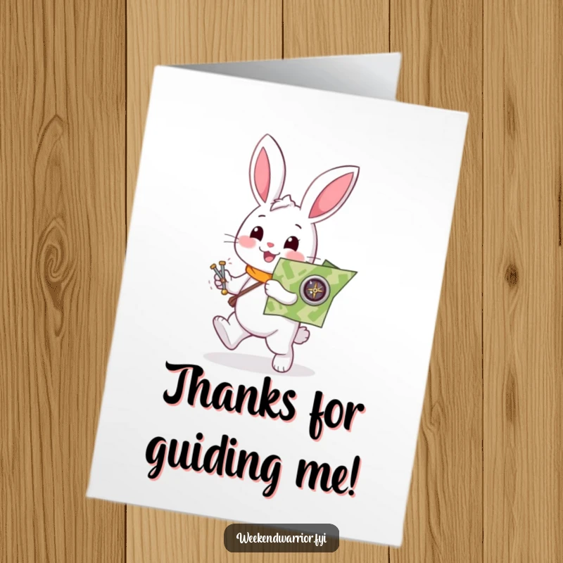 Funny Free Printable Thank You Card: Helpful white rabbit character enthusiastically carrying map and compass, guiding thanks.