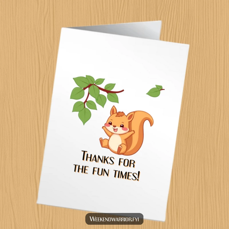 Funny Free Printable Thank You Card: Playful squirrel swings from a vine with a big grin, thanking you.