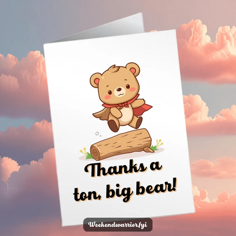 Funny Free Printable Thank You Card: A brave bear cub in a cape leaps over a log, a symbol of gratitude.