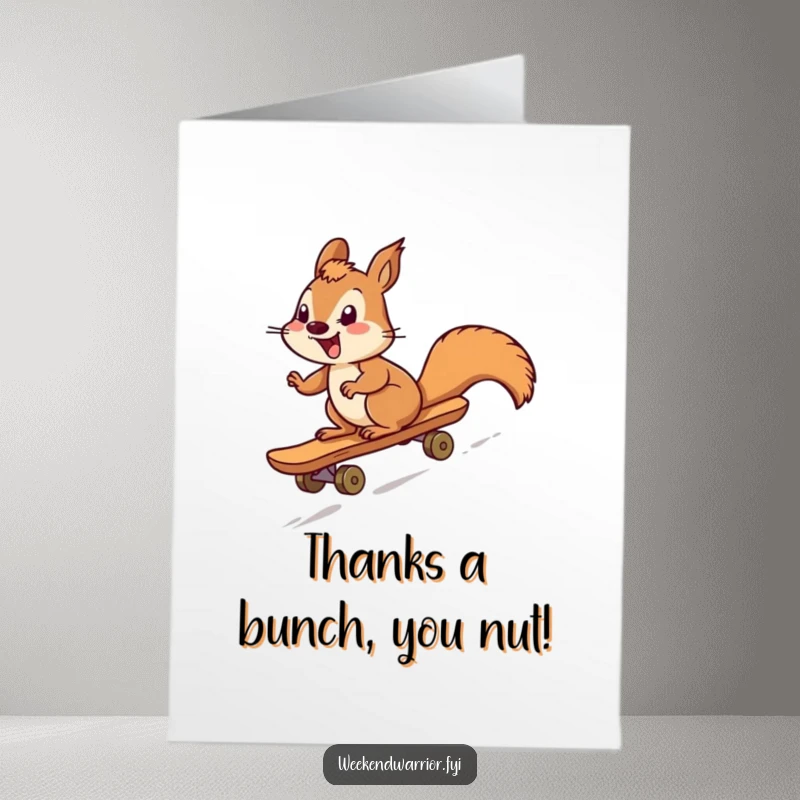 Funny Free Printable Thank You Card: Giggling squirrel rides a skateboard downhill, expressing thanks.