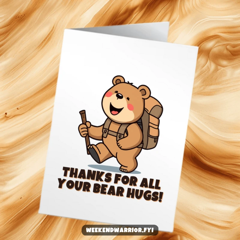 Funny Free Printable Thank You Card: Bear trekking uphill with a stick, showing gratitude with a humorous, determined spirit, downloadable art.