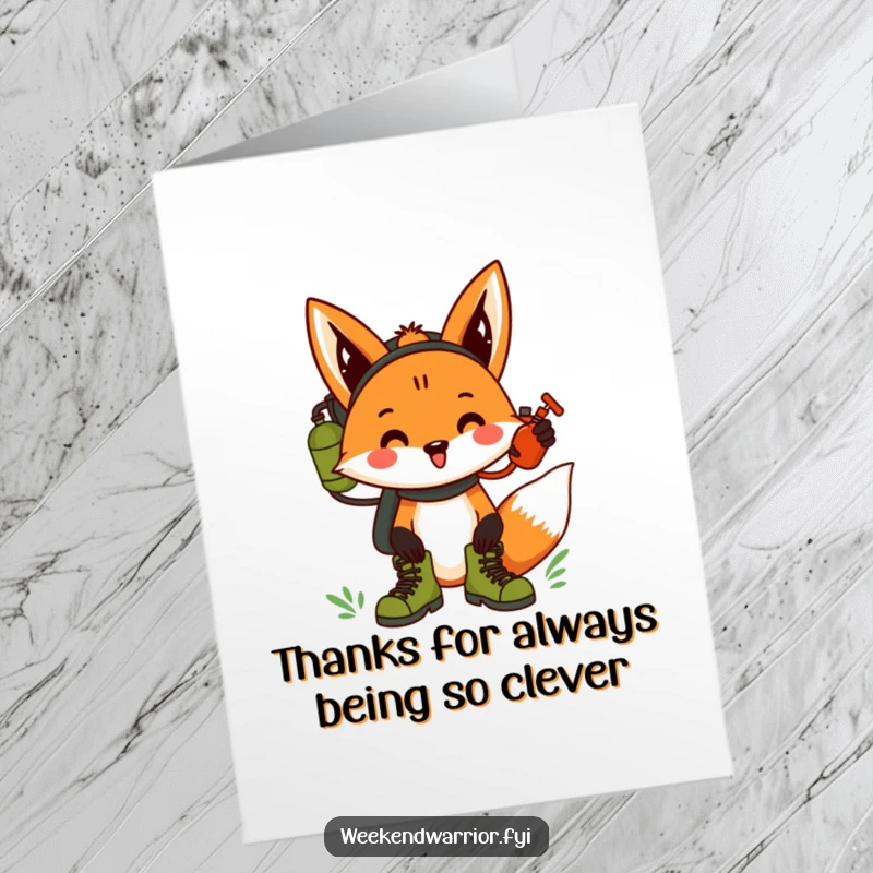 Funny Free Printable Thank You Card: Cheering fox with hiking boots and canteen, showing gratitude for help on a path, downloadable art.