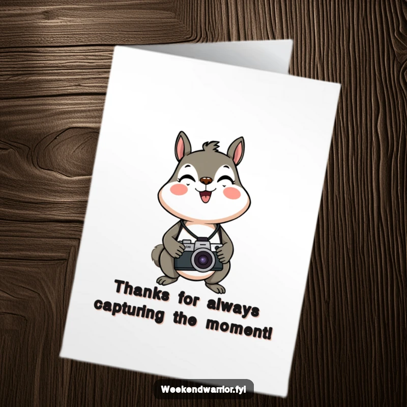 Funny Free Printable Thank You Card: An energetic cartoon squirrel with a camera, capturing grateful moments and happy memories.