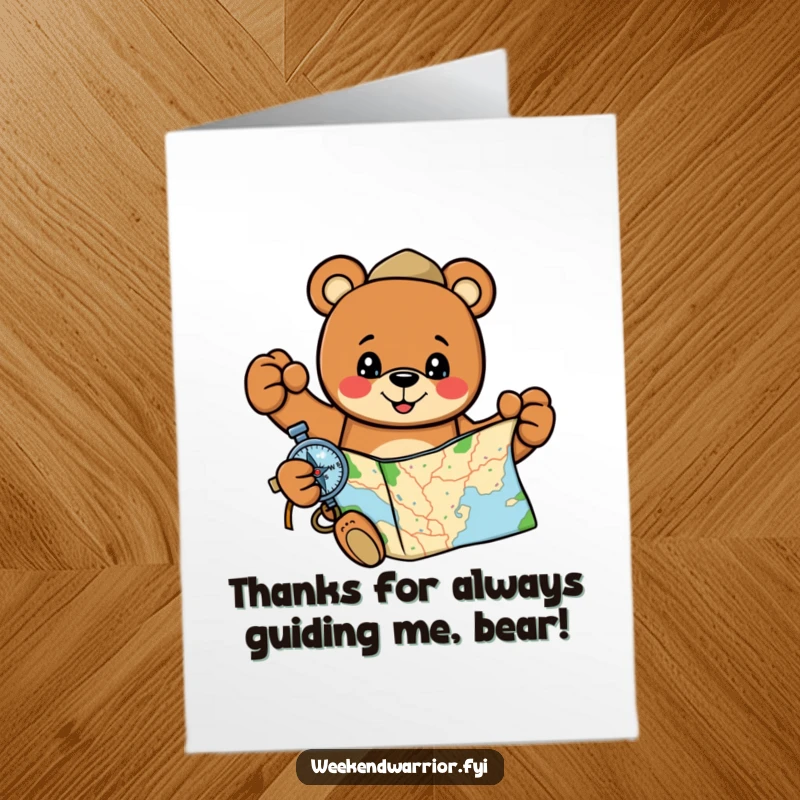Funny Free Printable Thank You Card: A cheerful cartoon bear holding a map and compass, showing gratitude for the journey shared.
