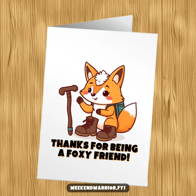 Funny Free Printable Thank You Card: A playful cartoon fox with hiking boots and a walking stick, expressing gratitude for the journey.