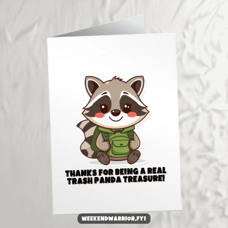 Funny Free Printable Thank You Card: A smiling cartoon raccoon with a backpack, conveying heartfelt thanks with a humorous touch.