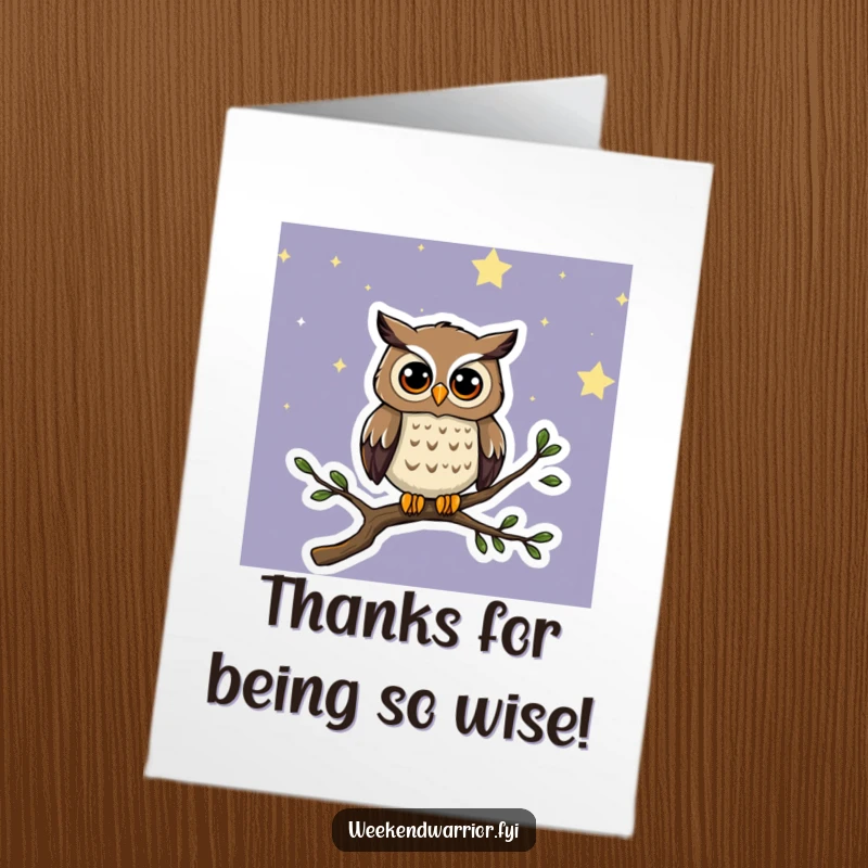 Funny Free Printable Thank You Card: An inquisitive cartoon owl gazing from a branch under stars. A charming way to express thanks.