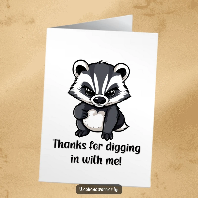 Funny Free Printable Thank You Card: A cartoon badger with a stern yet thankful look, offering appreciation. A DIY way to say thanks.