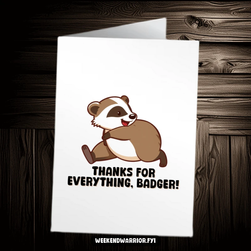 Funny Free Printable Thank You Card: Playful badger stretching energetically, a humorous way to express gratitude, perfect for a downloadable gift.