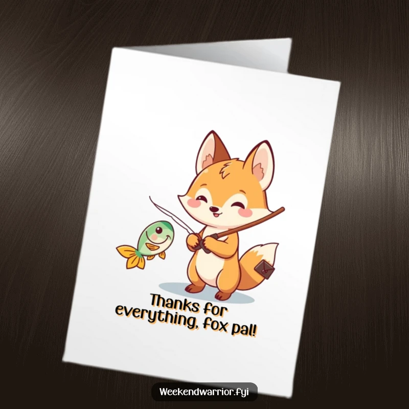 Funny Free Printable Thank You Card: Cheerful Kawaii fox character fishing, catching a fish to express thanks humorously.