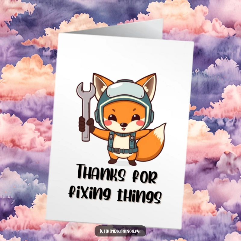 Funny Free Printable Thank You Card: a fox mechanic with a helmet raises a wrench, a clever way to say thanks.
