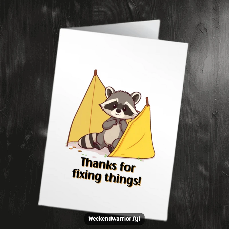 Funny Free Printable Thank You Card: A determined raccoon skillfully repairing a tent, showing thanks for help. Ideal DIY gift.