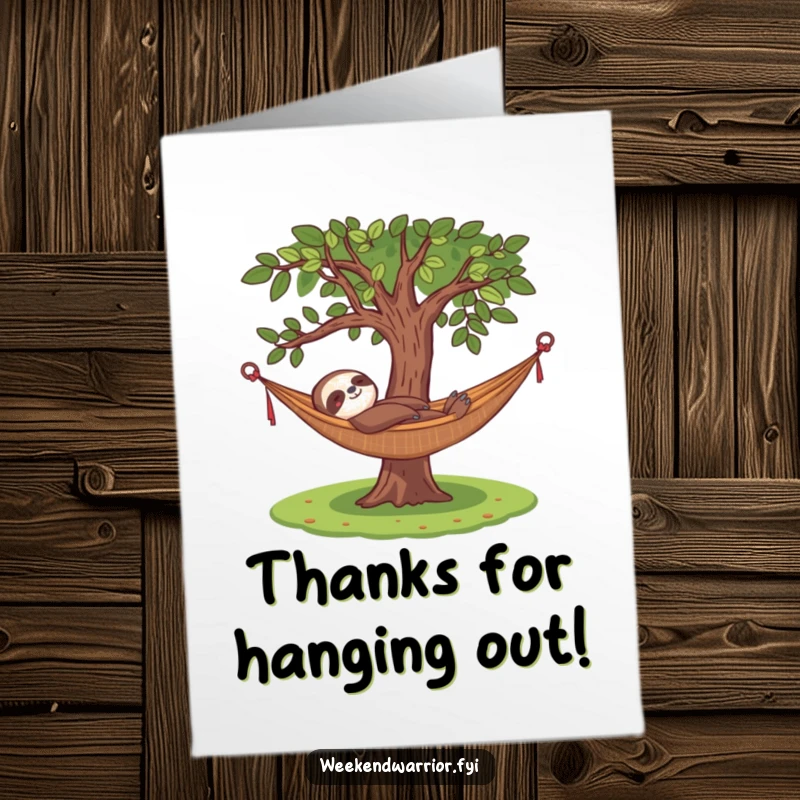 Funny Free Printable Thank You Card: Content sloth relaxing in a hammock under a tree, conveying slow and steady thanks, a downloadable gift.