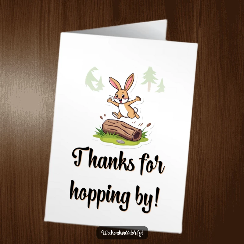 Funny Free Printable Thank You Card: Energetic rabbit leaping over a log, conveying dynamic thanks, a perfect downloadable gift for any occasion.