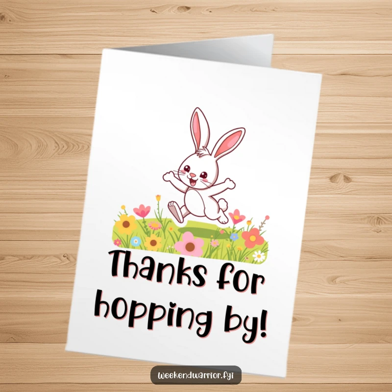 Funny Free Printable Thank You Card: A happy cartoon bunny hopping through a meadow of flowers. Expressing thanks with joy.