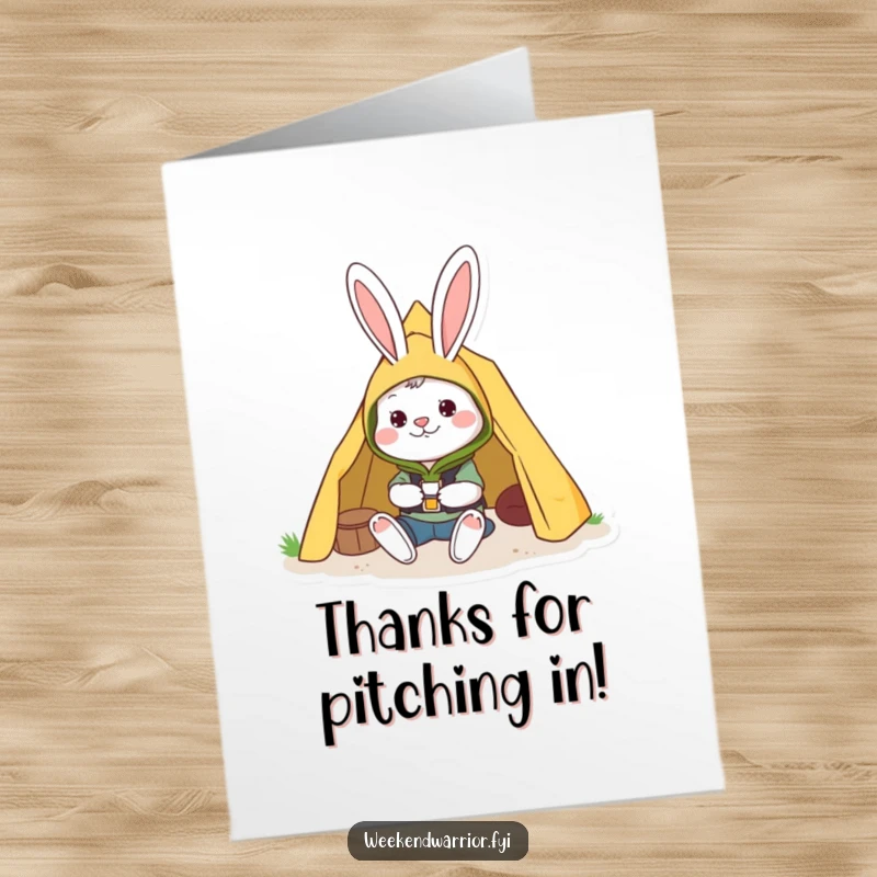 Funny free printable thank you card with a cheerful rabbit in camping gear setting up a tent, expressing thanks.
