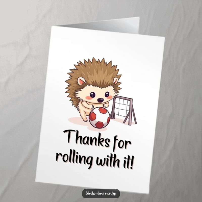 Funny Free Printable Thank You Card: A determined hedgehog rolls a small ball towards a goal, signifying a successful and appreciated effort.