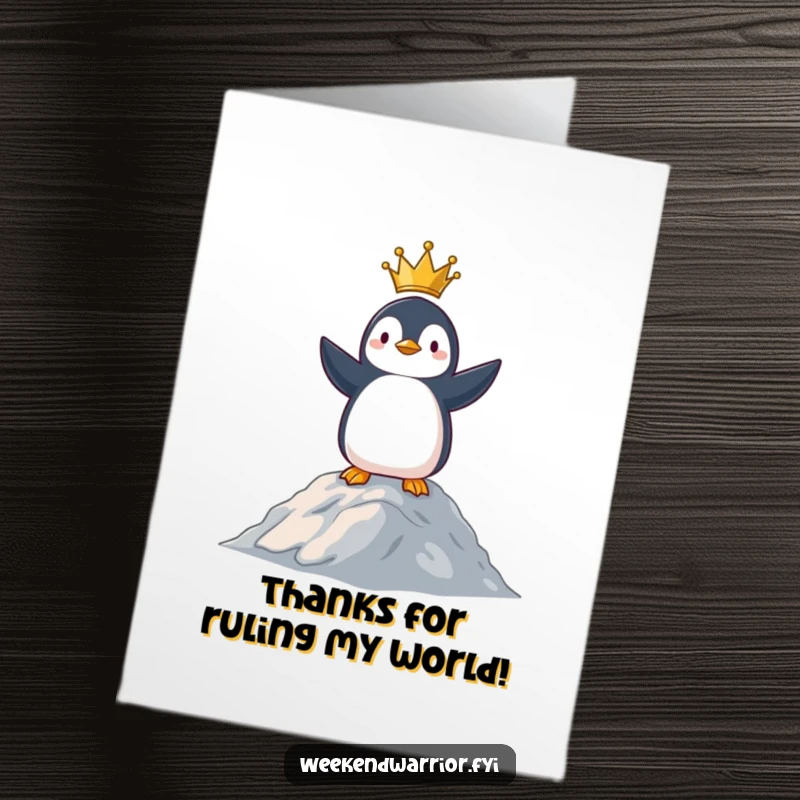 Funny Free Printable Thank You Card: Penguin surveying its kingdom, noble and thankful, a perfect downloadable gift.