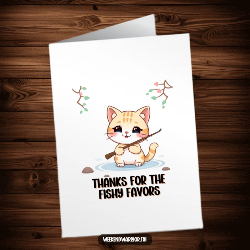 Funny Free Printable Thank You Card: Smiling cat character fishing by a lake offers a unique and humorous way to say thanks.