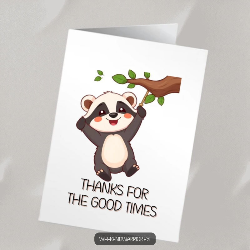 Funny Free Printable Thank You Card: A cheerful badger energetically swings from a rope, conveying heartfelt thanks.