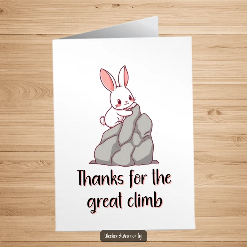 Funny Free Printable Thank You Card: Kawaii rabbit determinedly climbing a miniature rock face, showing gratitude.