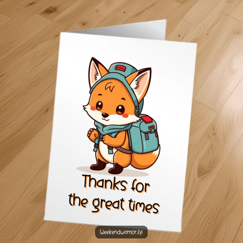 Funny free printable thank you card: A playful fox carrying camping gear, ready to express sincere and humorous gratitude.