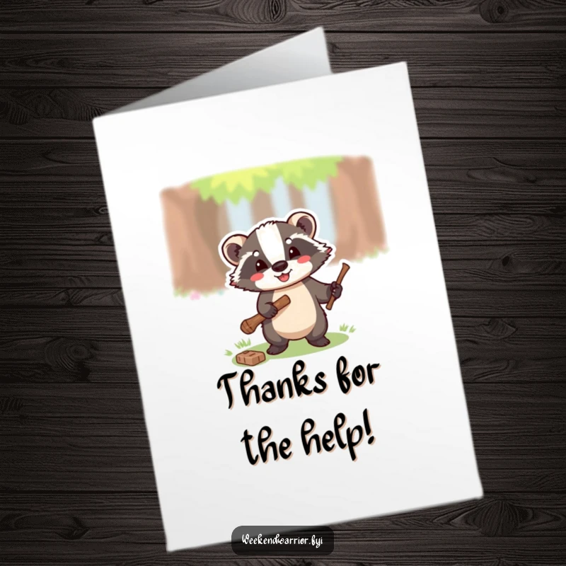Funny Free Printable Thank You Card: A smiling badger proficiently chopping a twig with a tiny axe.