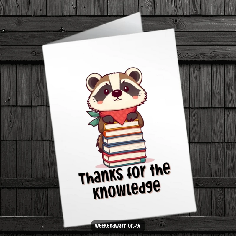 Funny Free Printable Thank You Card: A focused badger in a bandana expertly balances books, humorously thanking someone for their wisdom or support.