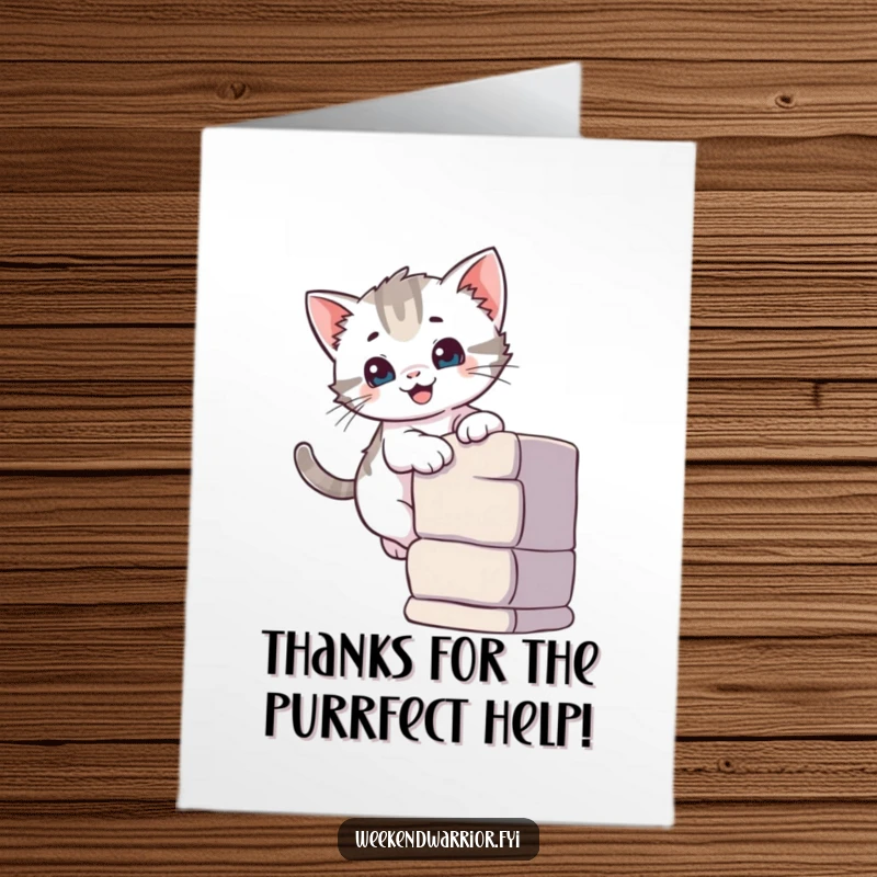 Cute Free Printable Thank You Card: A curious kitten with a happy smile conquers a small climbing wall, signifying heartfelt thanks.