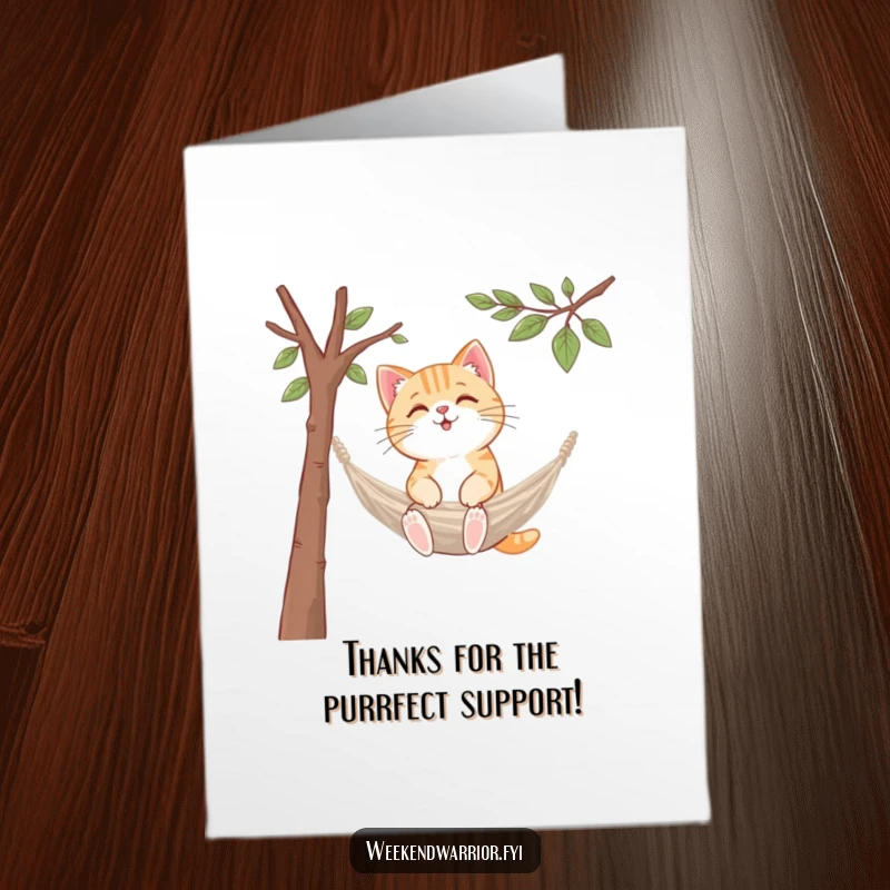 Funny Free Printable Thank You Card: A kawaii cat diligently sets up a small hammock between two branches, a symbol of gratitude and downtime, ready to print.