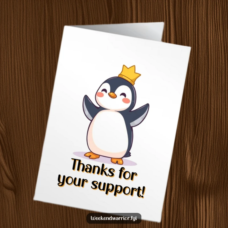 Funny Free Printable Thank You Card: A satisfied penguin stands tall, looking proud and grateful after accomplishing a task with a little flourish.