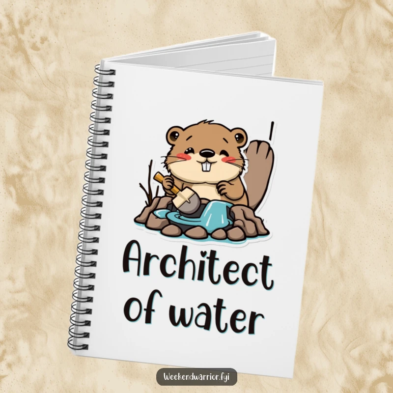 Funny notebook with an amused beaver building a dam with a tiny shovel, perfect for jotting down construction ideas and notes.