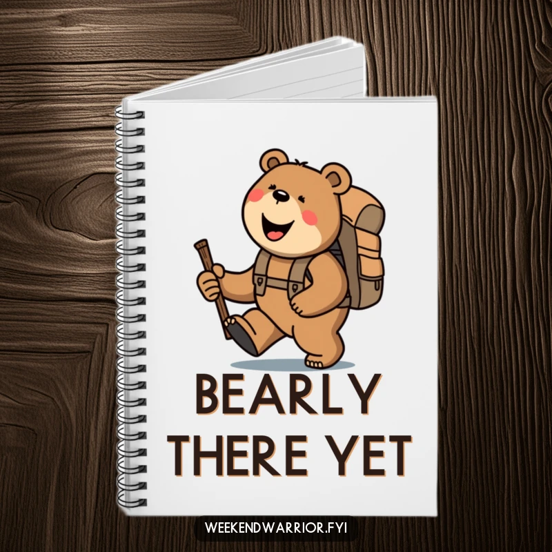 Funny bear with backpack and stick, trekking uphill, a humorous notebook for capturing outdoor ideas.