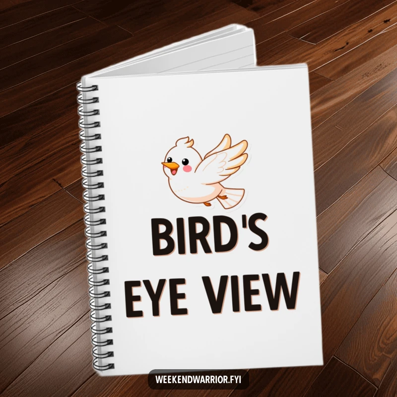 Funny, happy bird soaring through fluffy clouds on a notebook cover.