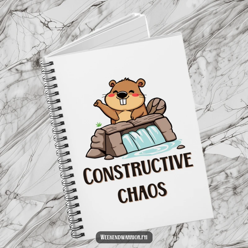 Funny notebook with a silly cartoon beaver building a dam, perfect for notes, plans, and industrious thoughts.
