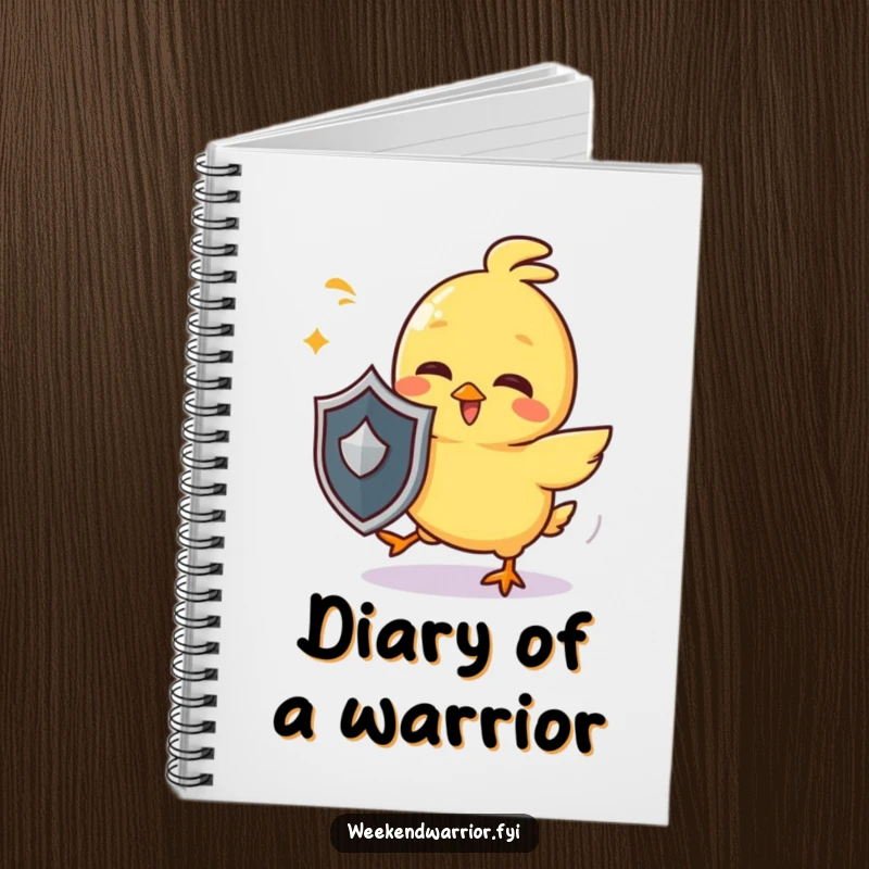 Funny chick notebook with a giggling yellow character holding a small shield and dodging imaginary attacks, for writing humorous strategies.